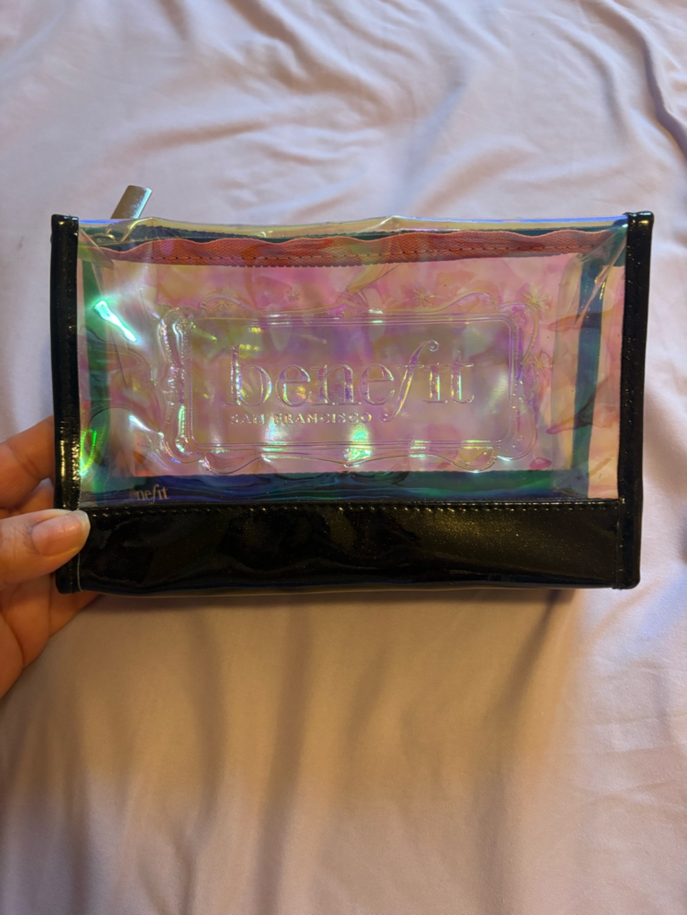 Benefit Iridescent Pink Cosmetic Bag with Black Trim